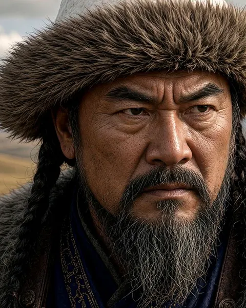 Painted portrait of Genghis Khan in a fur hat on the open steppe